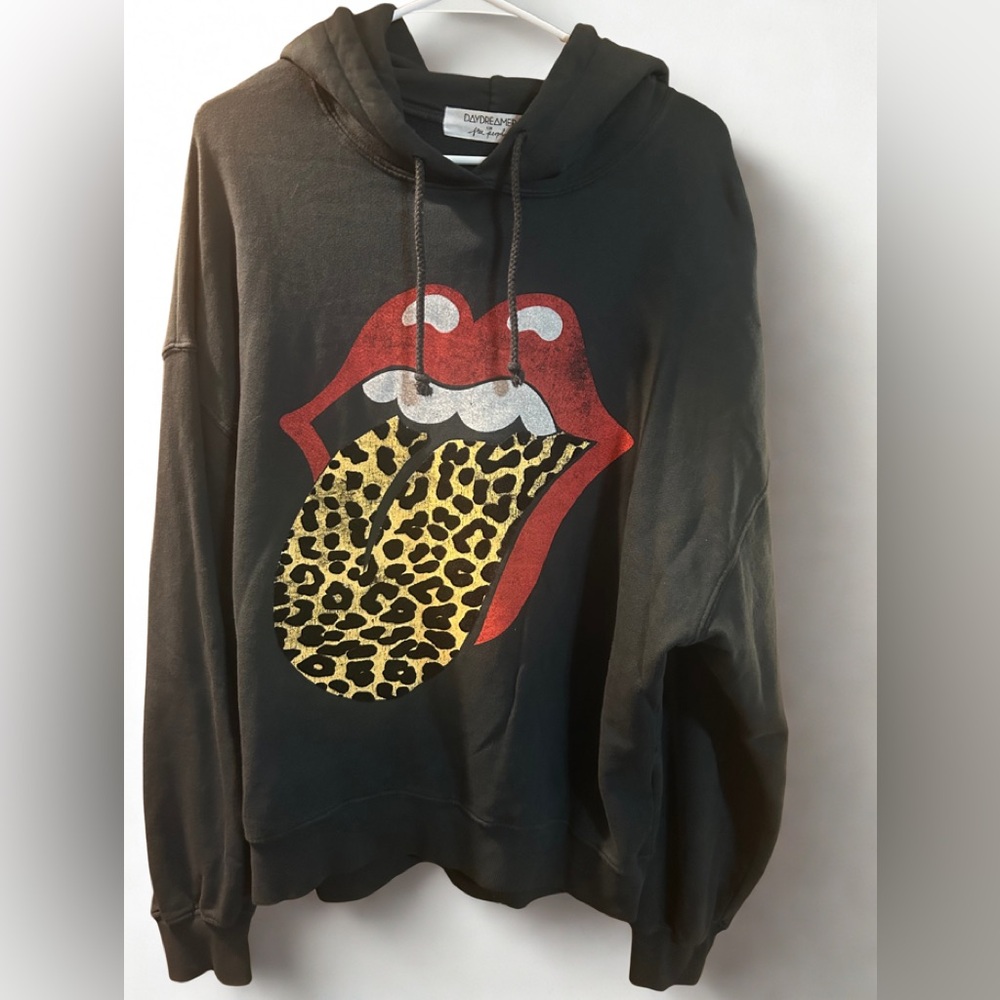 Daydreamer Free People Leopard Tongue Rolling Stones Black Hoodie  Size S